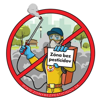 Piktogram Zóna bez pesticídov – prečiarknutý pracovník s postrekovačom